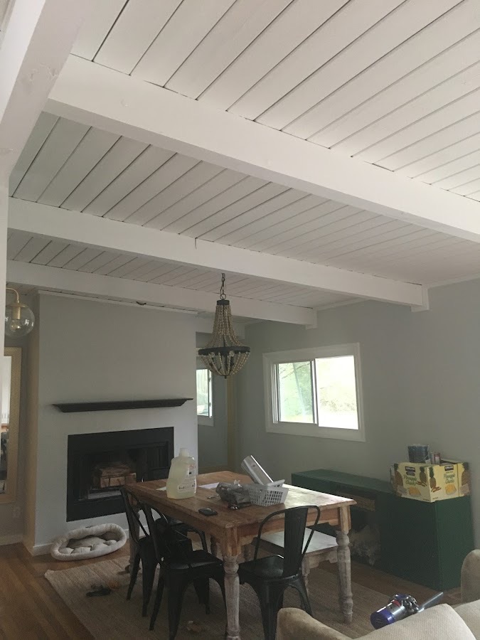 Interior painting with shiplap ceiling and fireplace by Pine Peach Painting