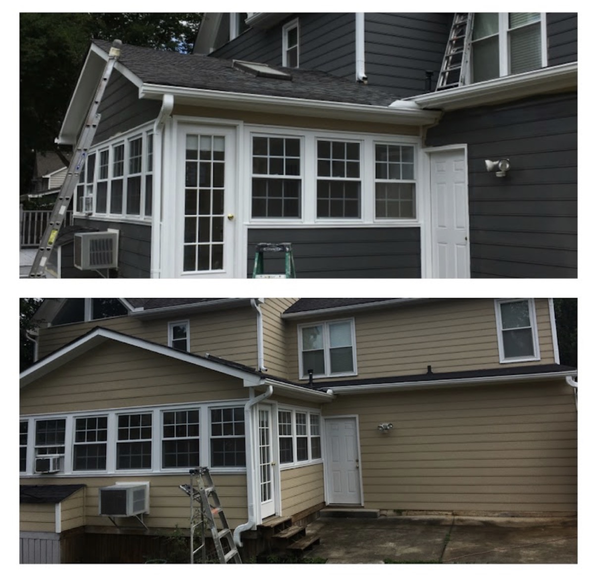 Before and after exterior siding transformation from navy to warm beige