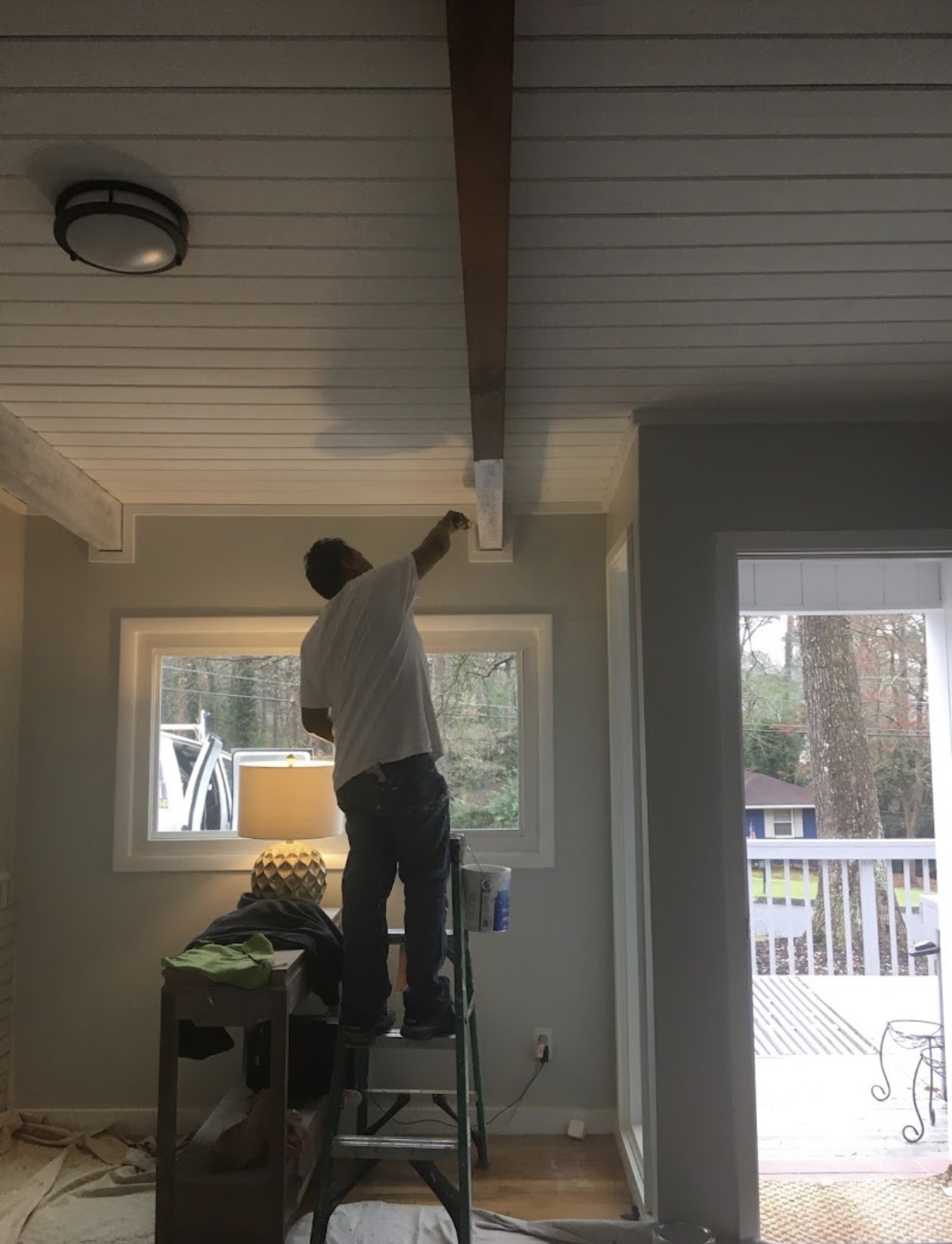 Interior ceiling beam detail painting with shiplap by Fernando at Pine Peach Painting
